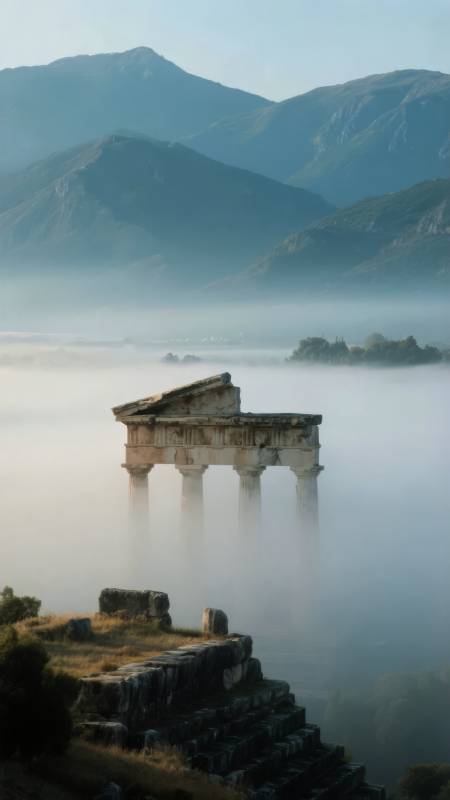 雾中古庙遗存图片