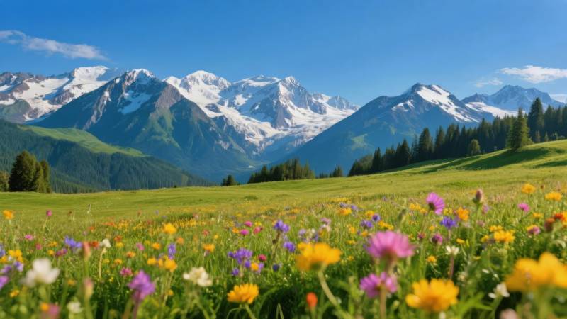 雪山花海风光图片