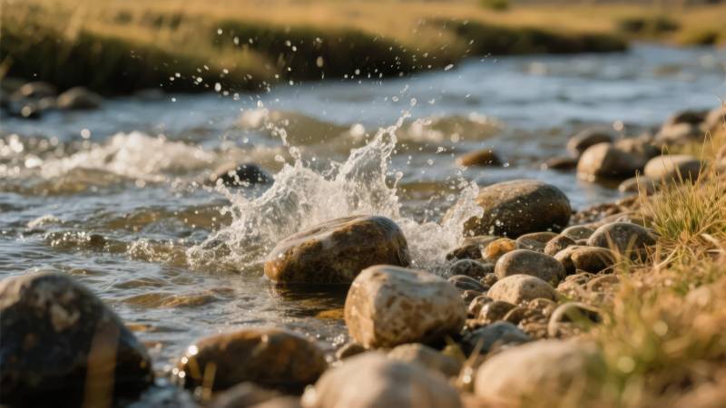 溪水拍石溅起浪花图片