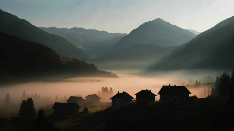 雾锁山村晨曦图片