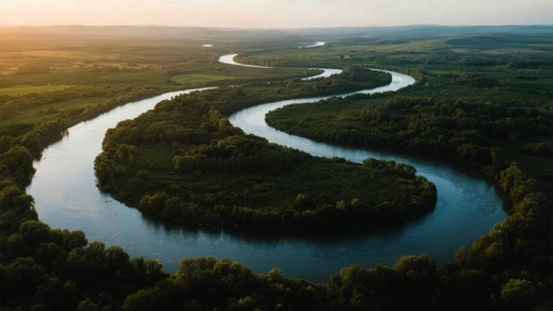 蜿蜒河流映夕阳图片
