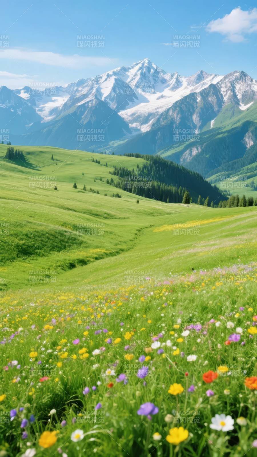 雪山花海风光图片