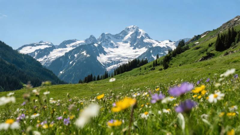 雪山花海春意浓图片