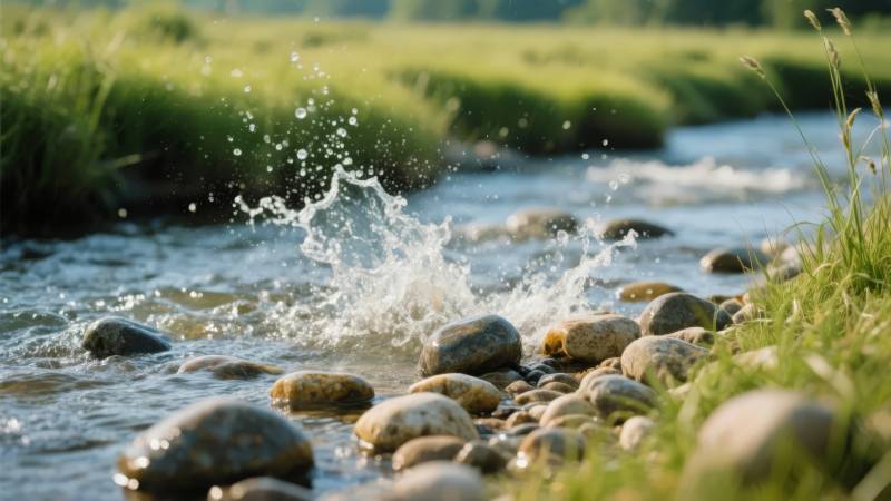 溪水溅石 绿草依依图片