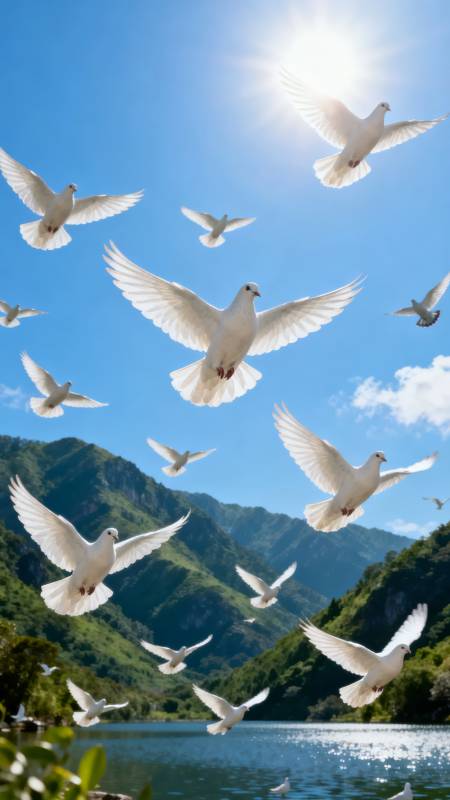 白鸽翱翔山水间图片