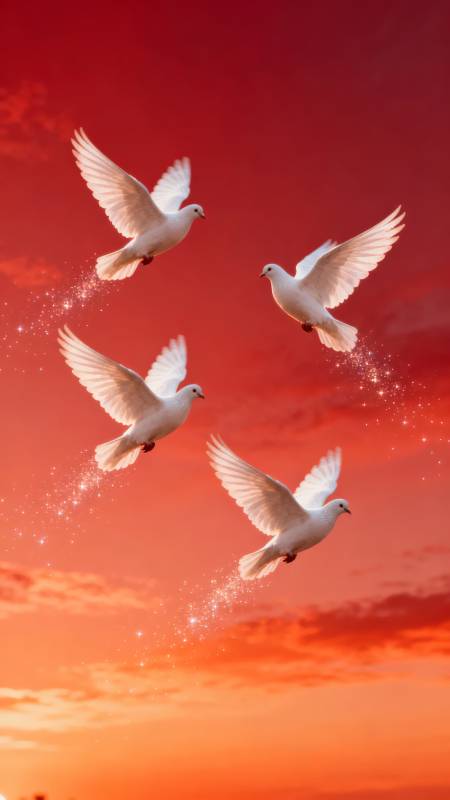 白鸽翱翔红霞中图片