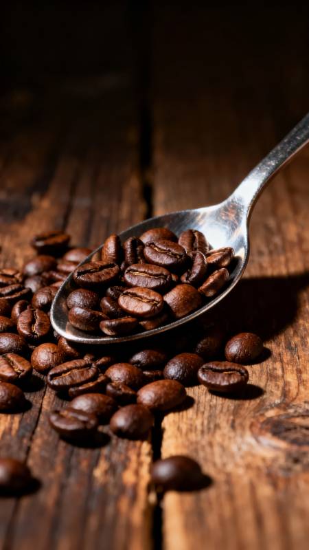 咖啡豆与银勺图片
