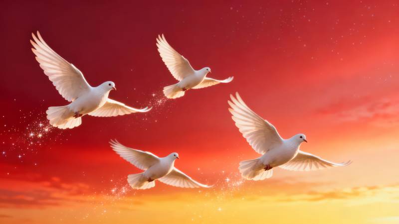 白鸽翱翔红霞中图片