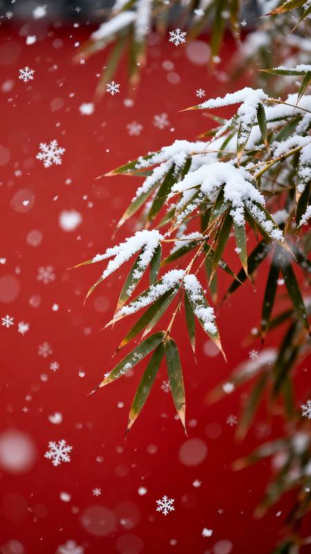 雪落竹枝红背景图片