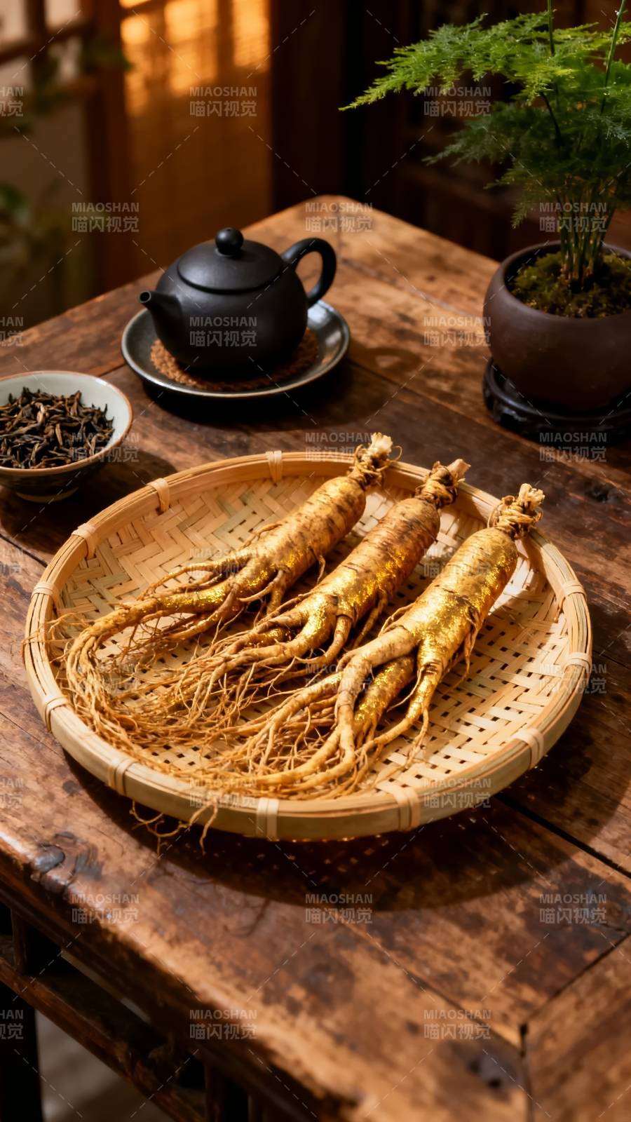 人参静置竹篮中图片