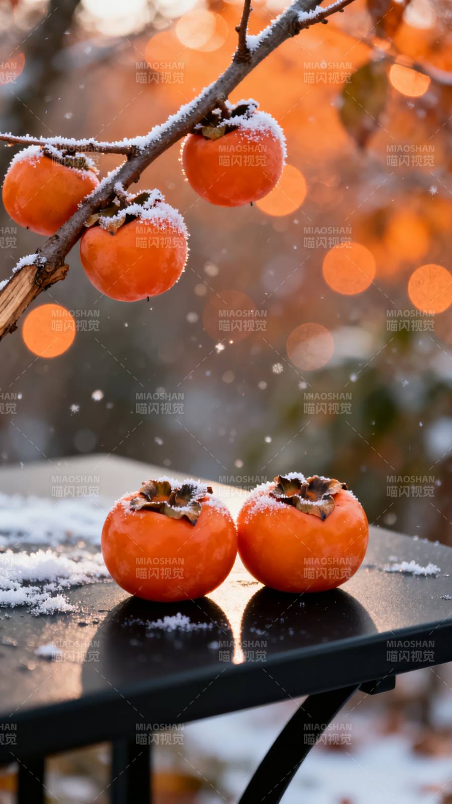 雪中柿子静谧冬景图片