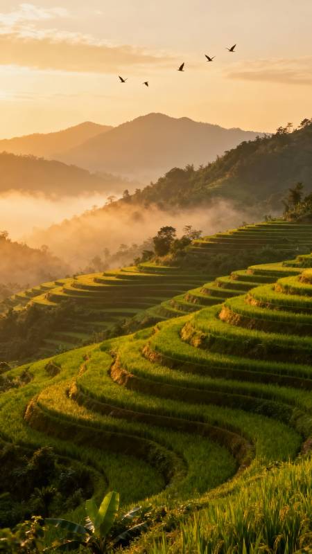 梯田晨曦 飞鸟掠影图片