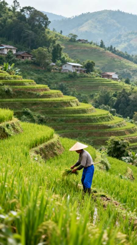 梯田劳作图图片