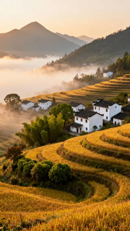 梯田晨雾山村图片
