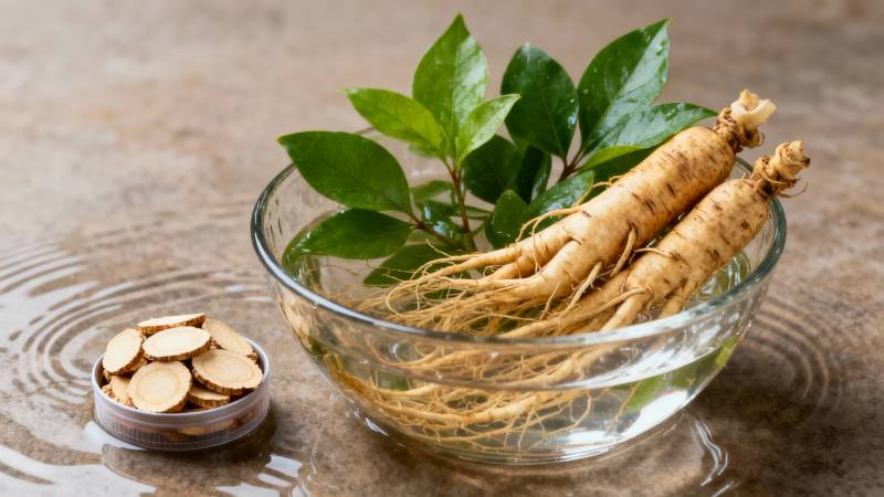 人参与绿叶静置碗中图片