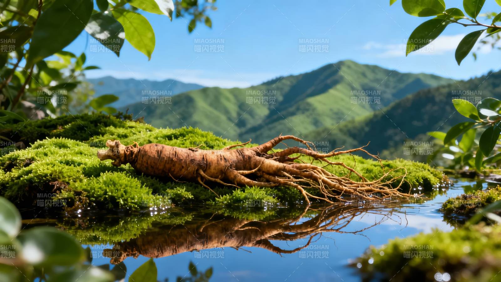 山间参根映水清图片