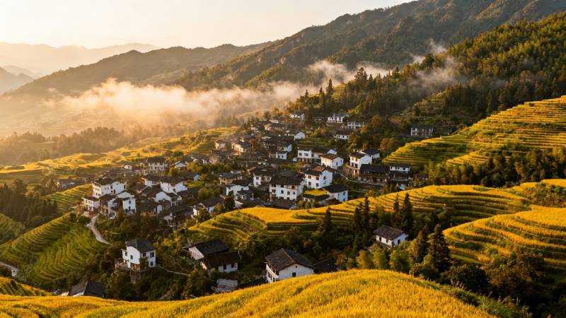 梯田晨雾山村图片