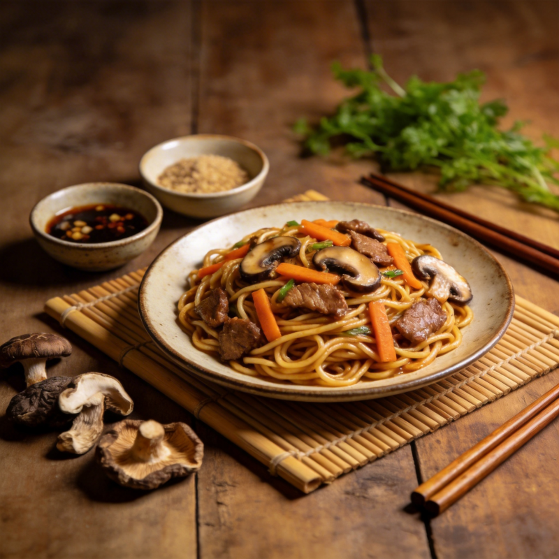 美味炒面配菇肉图片