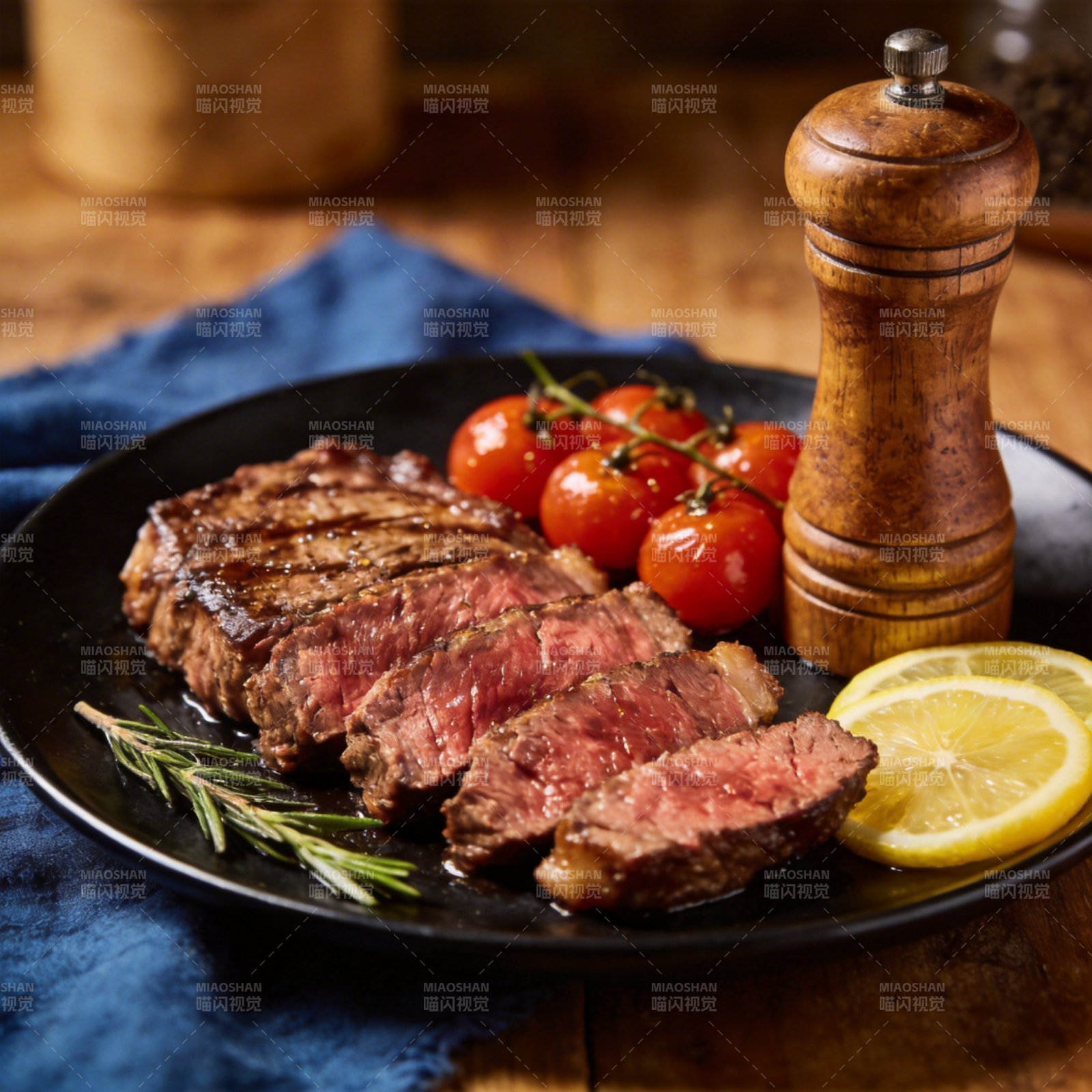 美味牛排配柠檬图片