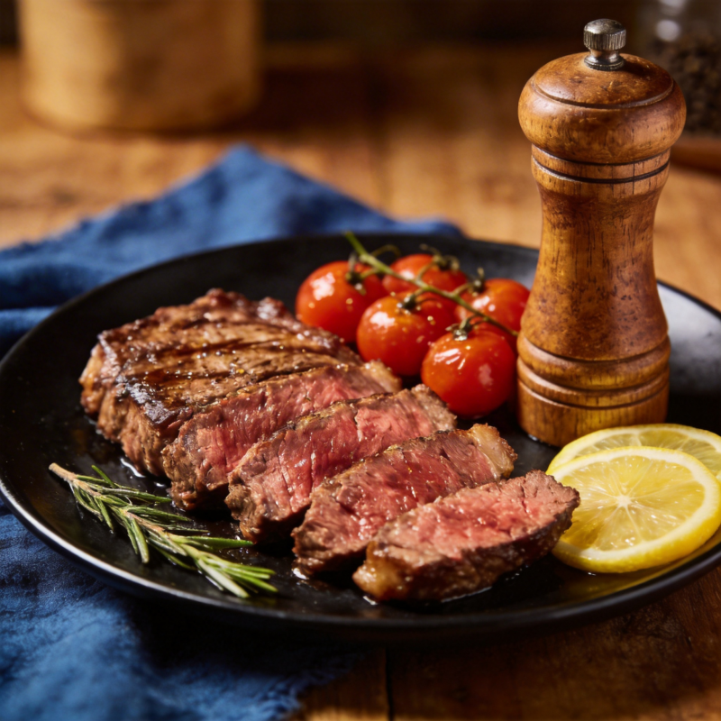 美味牛排配柠檬图片