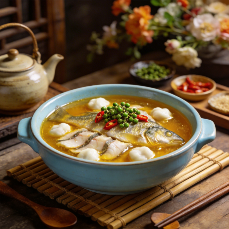 鲜鱼汤配青豆辣椒图片