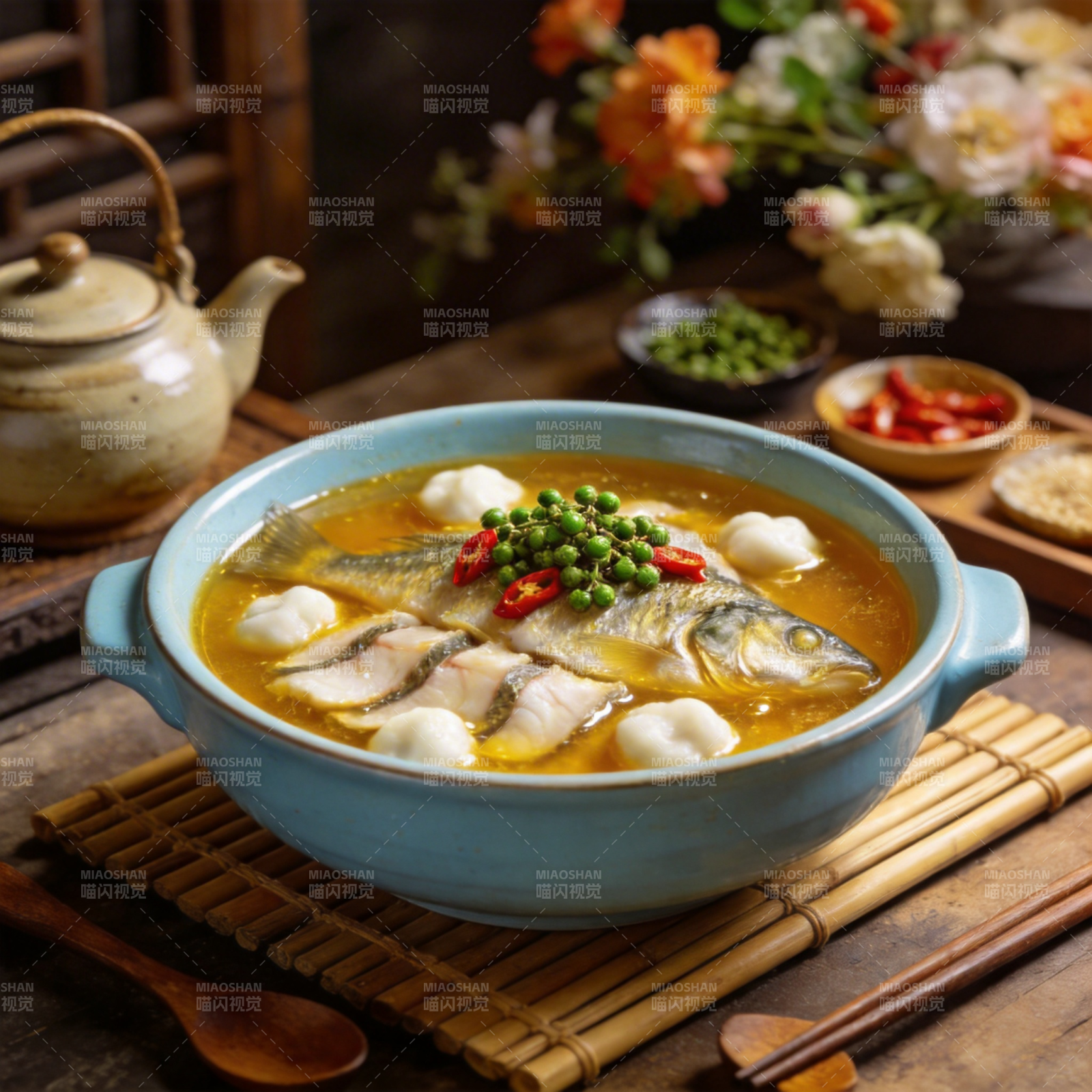 鲜鱼汤配青豆辣椒图片