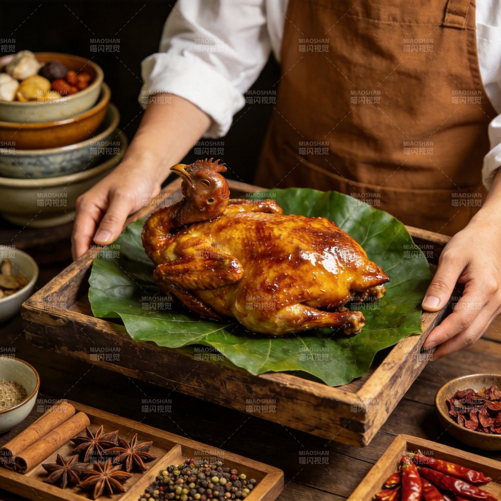 金黄烤鸡 香料环绕图片
