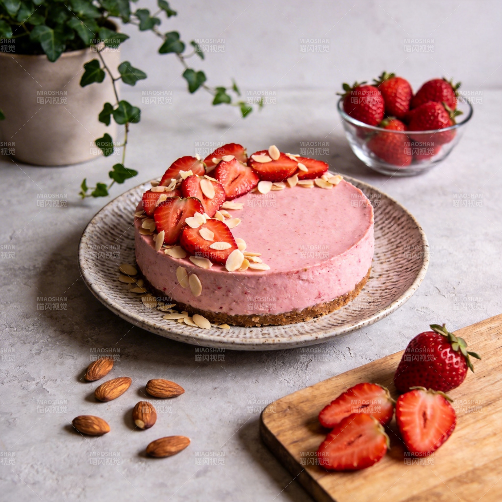 草莓杏仁慕斯蛋糕图片