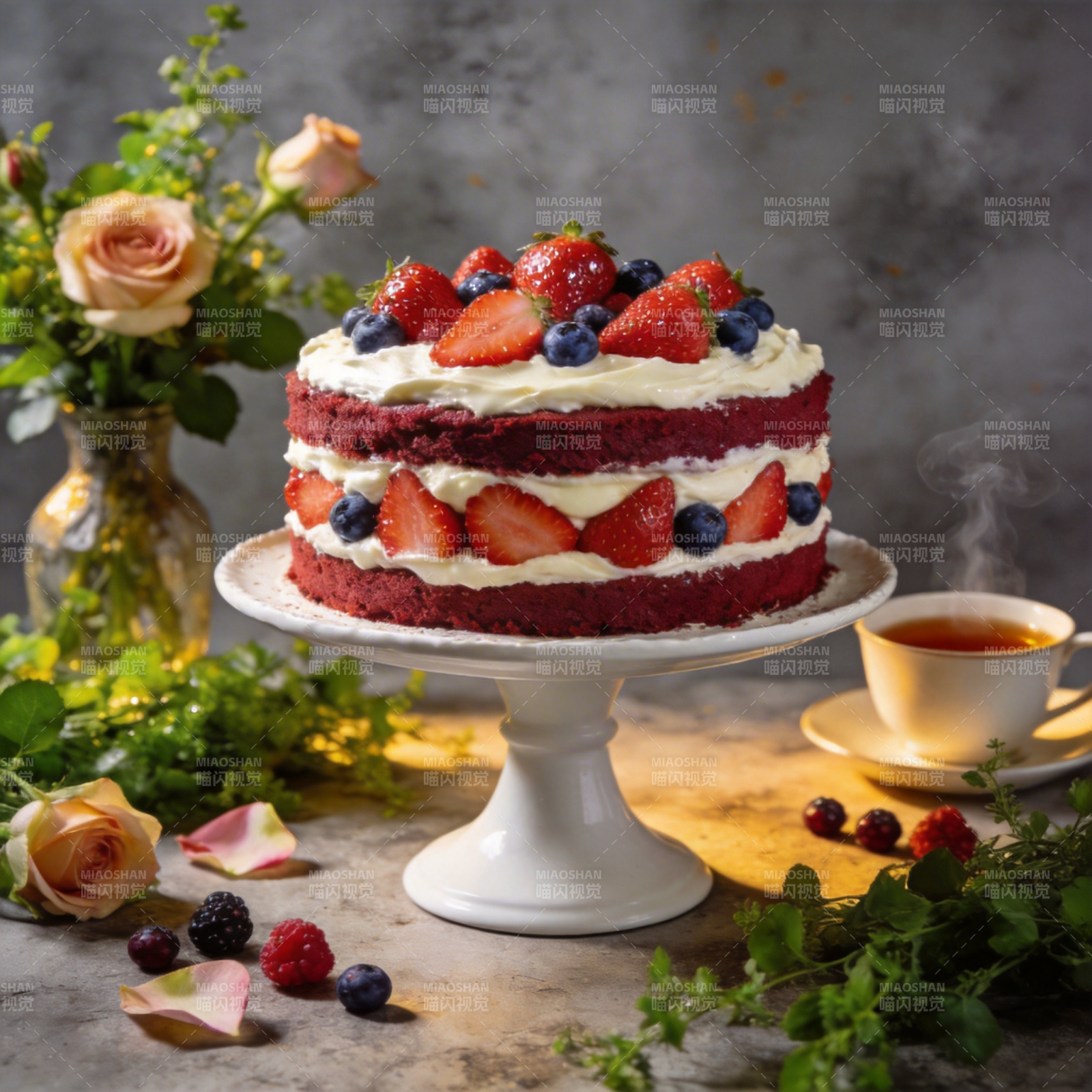 草莓蓝莓红丝绒蛋糕图片