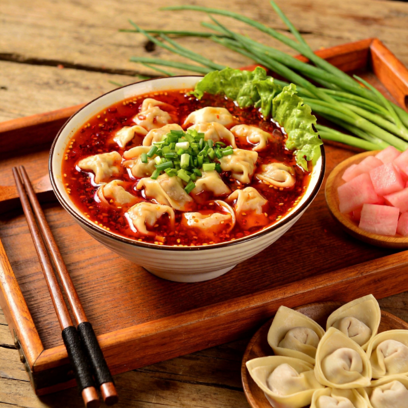 红油抄手配鲜蔬图片