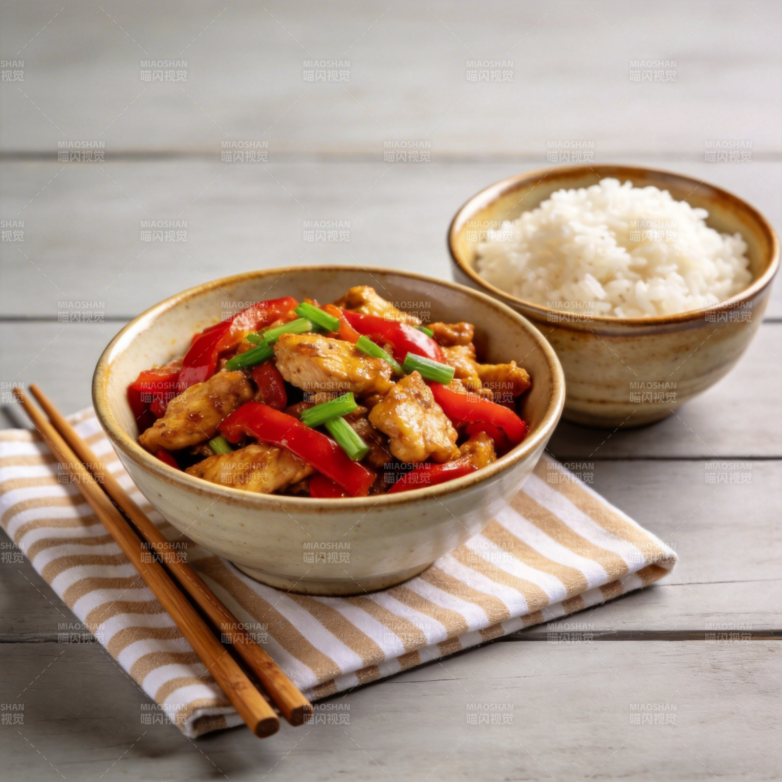 鸡肉炒红椒配饭图片