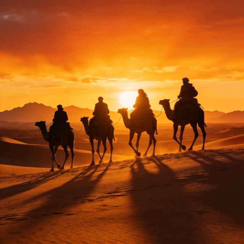 沙漠驼影夕阳下图片