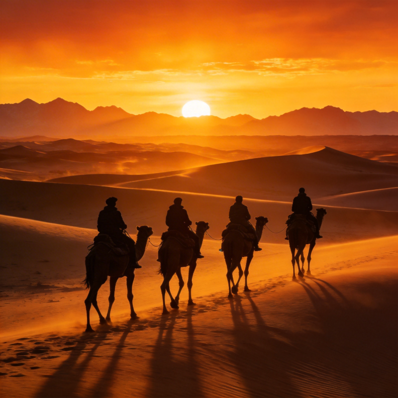 沙漠驼影夕阳图片