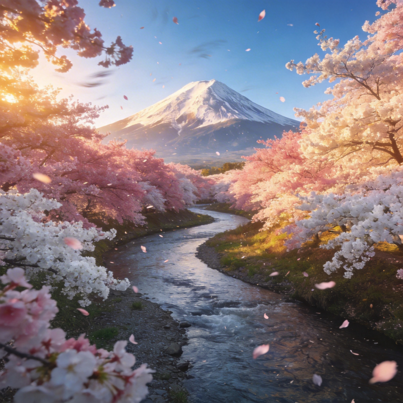 樱花溪畔富士山图片