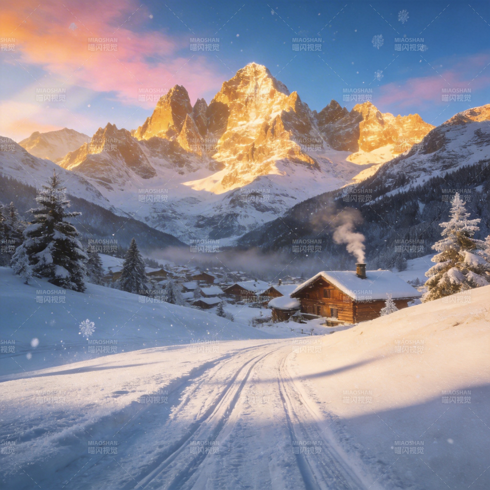 雪岭晨光 静谧山村图片