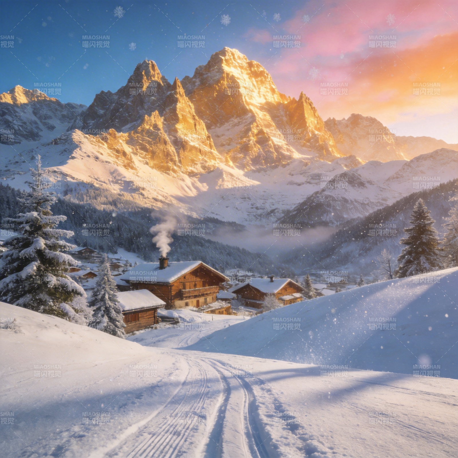 雪岭晨光图片