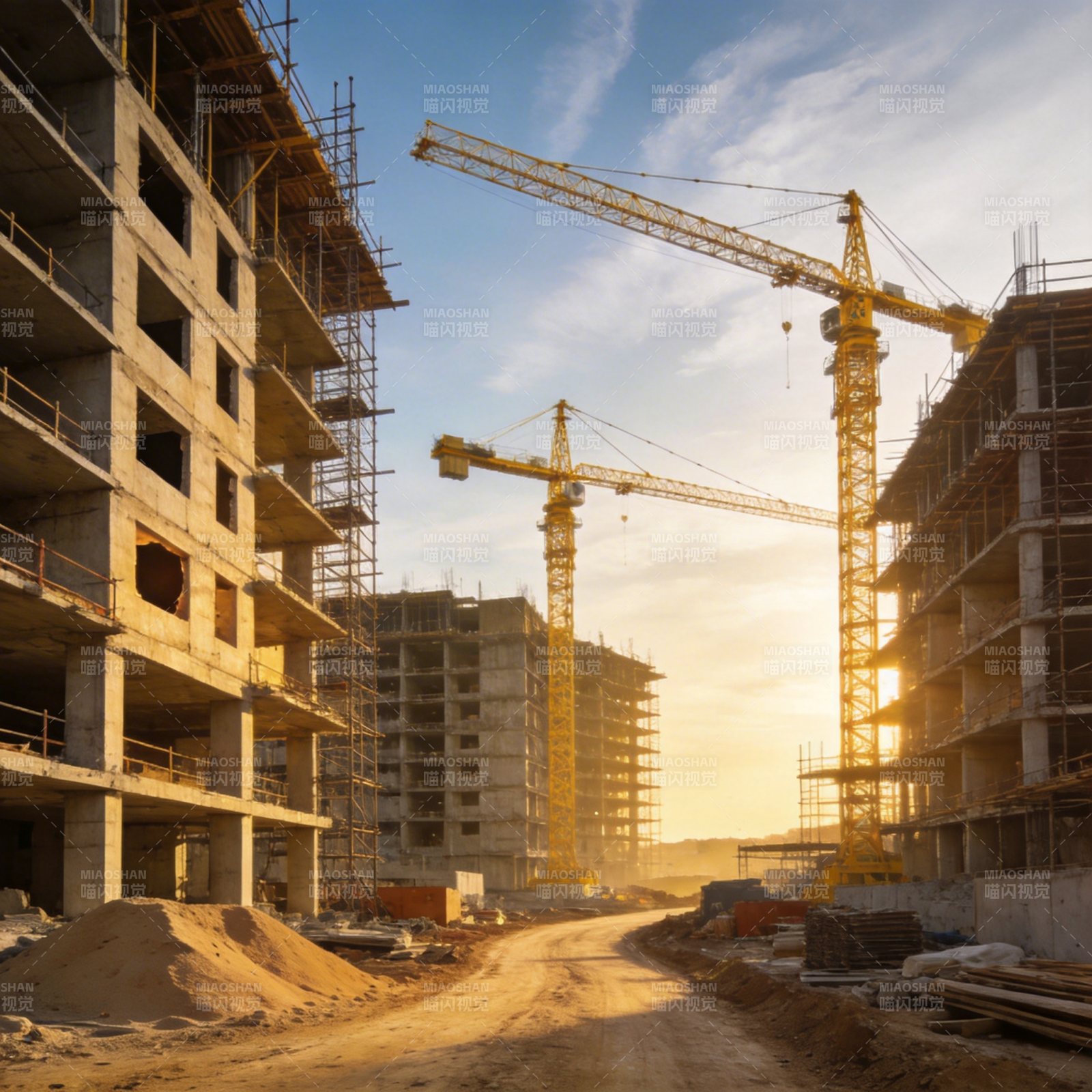 建筑工地日落景象图片