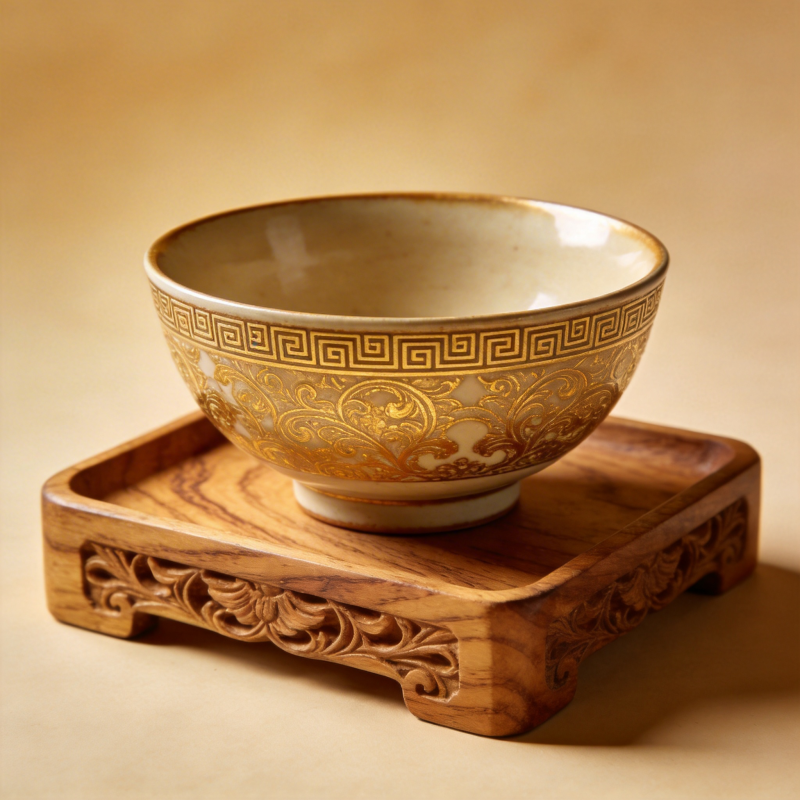 金纹瓷碗木座图片