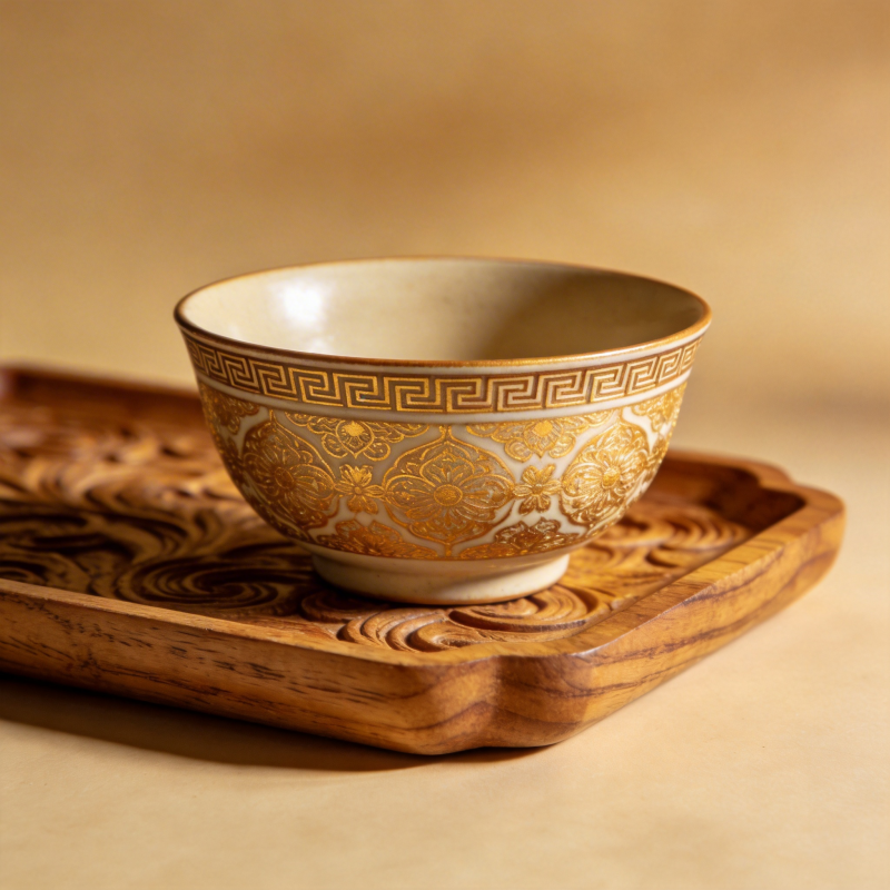金纹瓷碗置于木盘图片