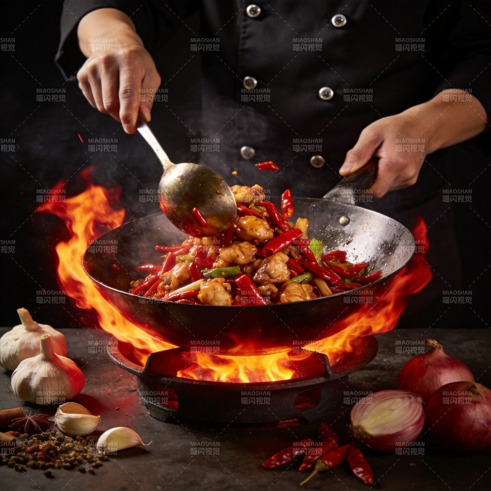 火焰炒锅美食图片