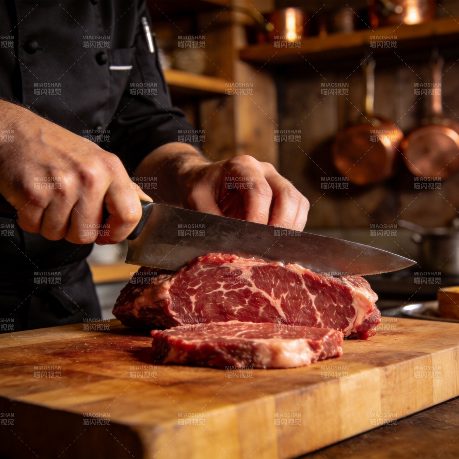 刀锋下的鲜嫩牛排图片