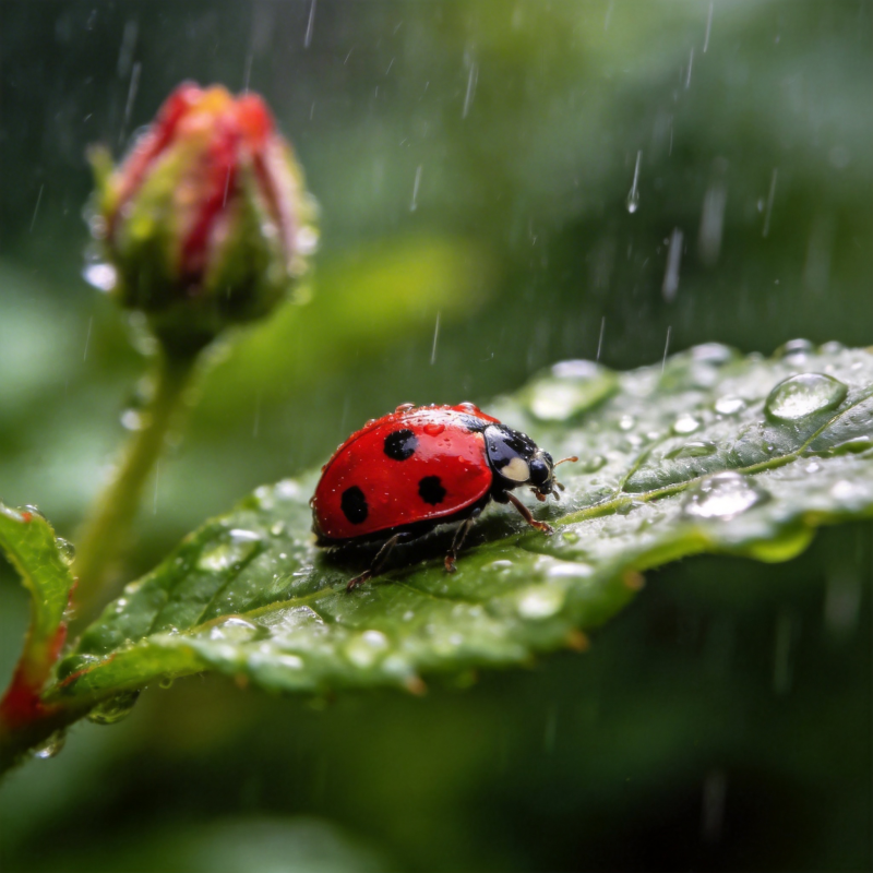 雨中瓢虫栖叶图片