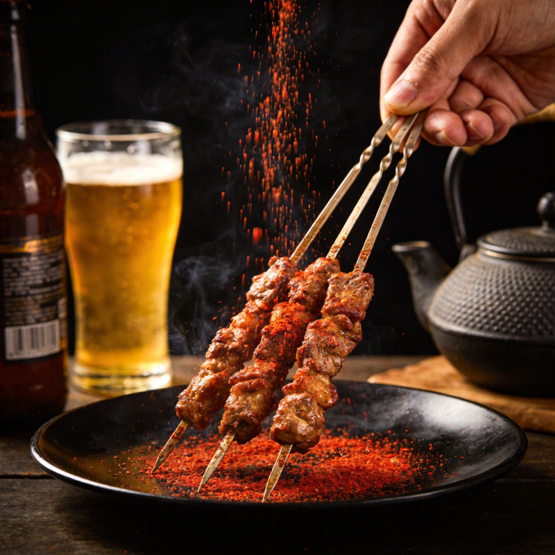 烤肉串撒辣椒粉图片
