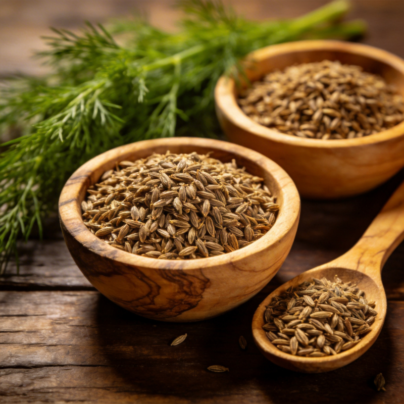 香菜籽与木碗图片