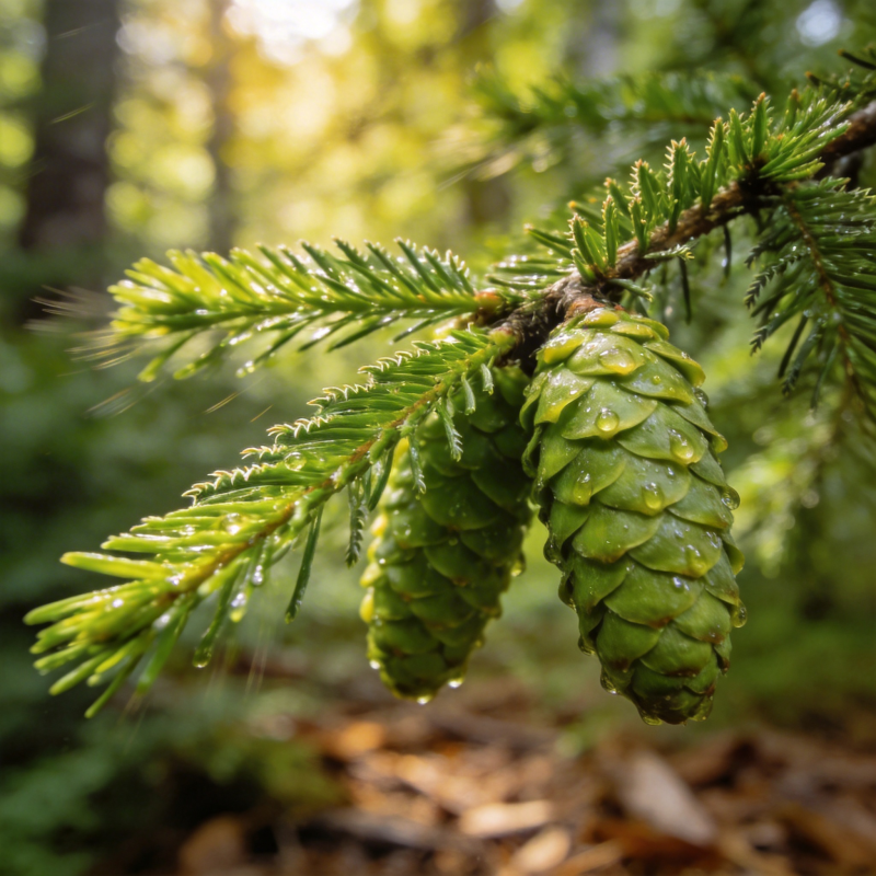 松枝上的青色松果图片