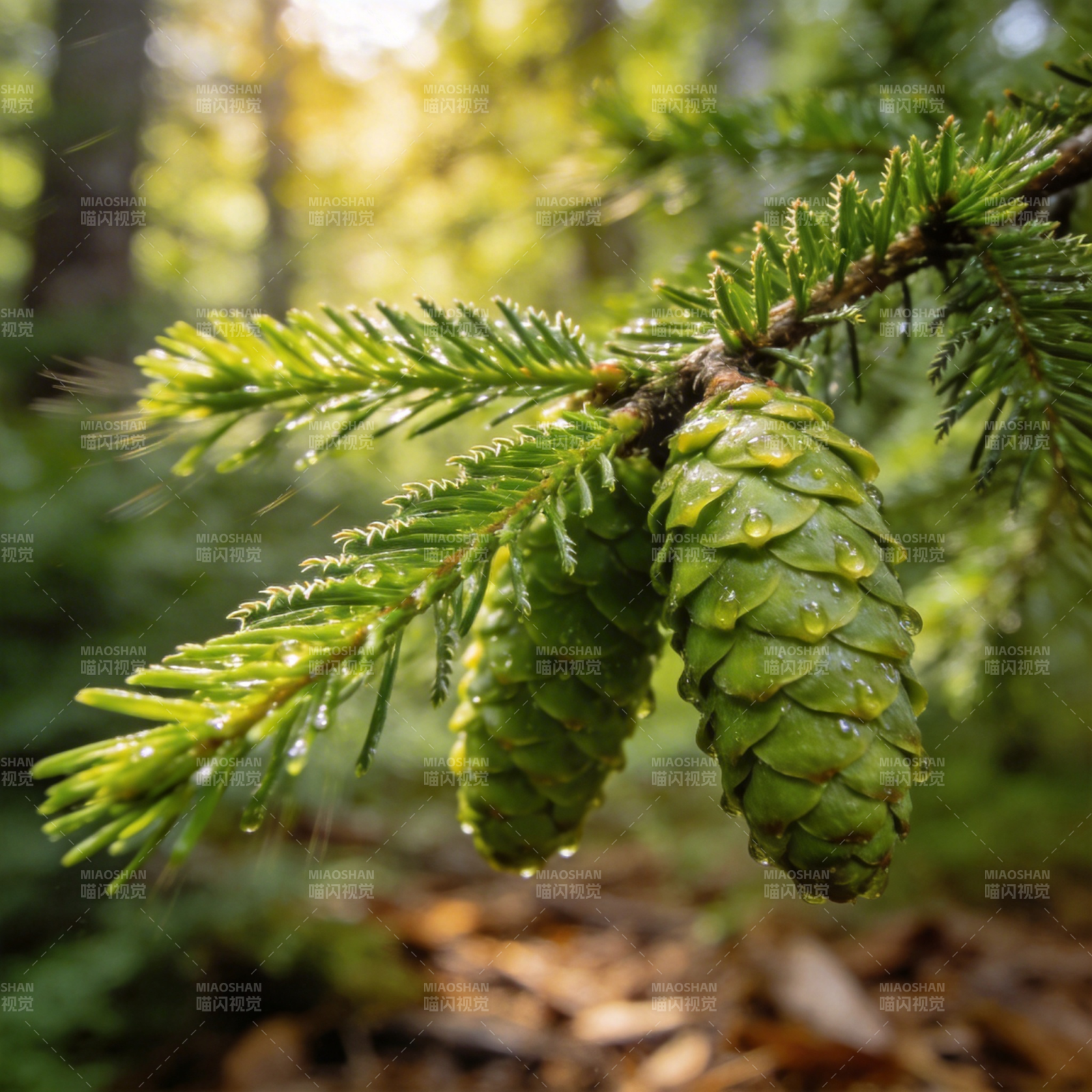 松枝上的青色松果图片