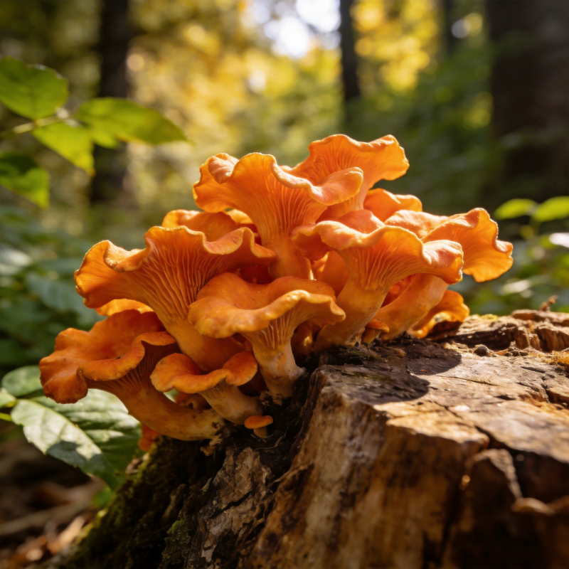 橙色菌菇林中生图片