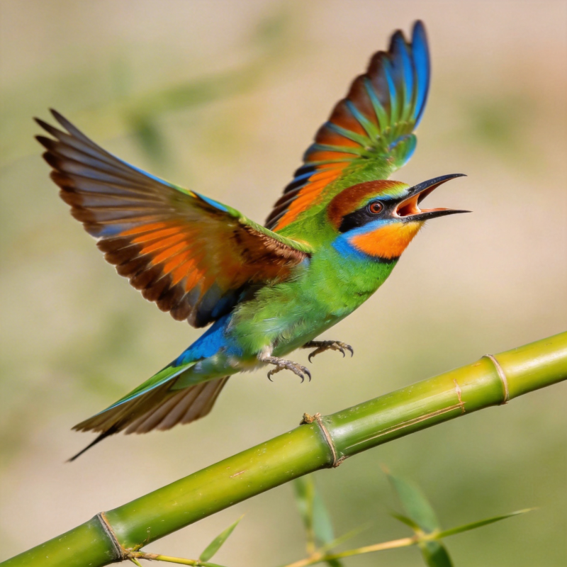 彩鸟展翅鸣竹枝图片