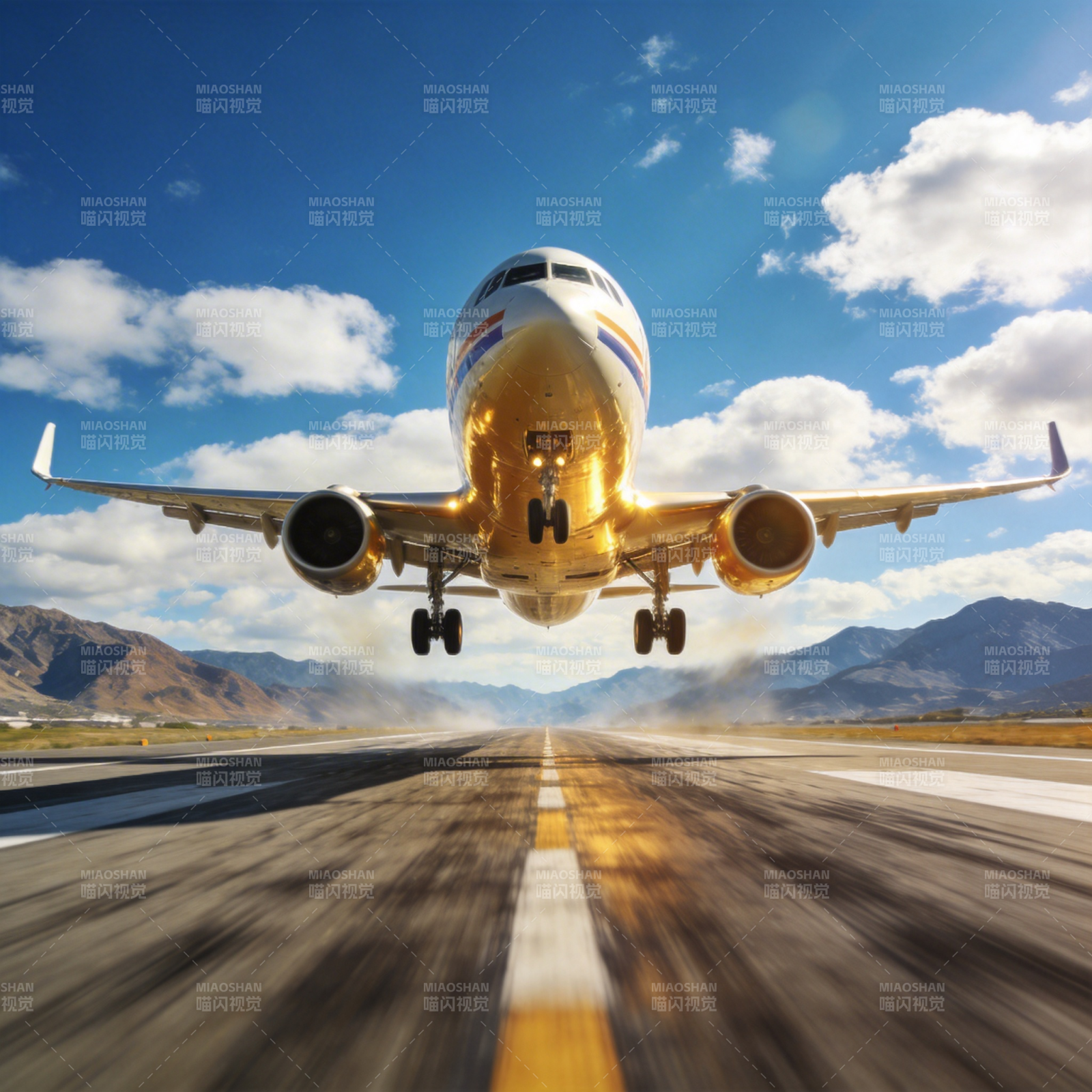 金色飞机起飞瞬间图片