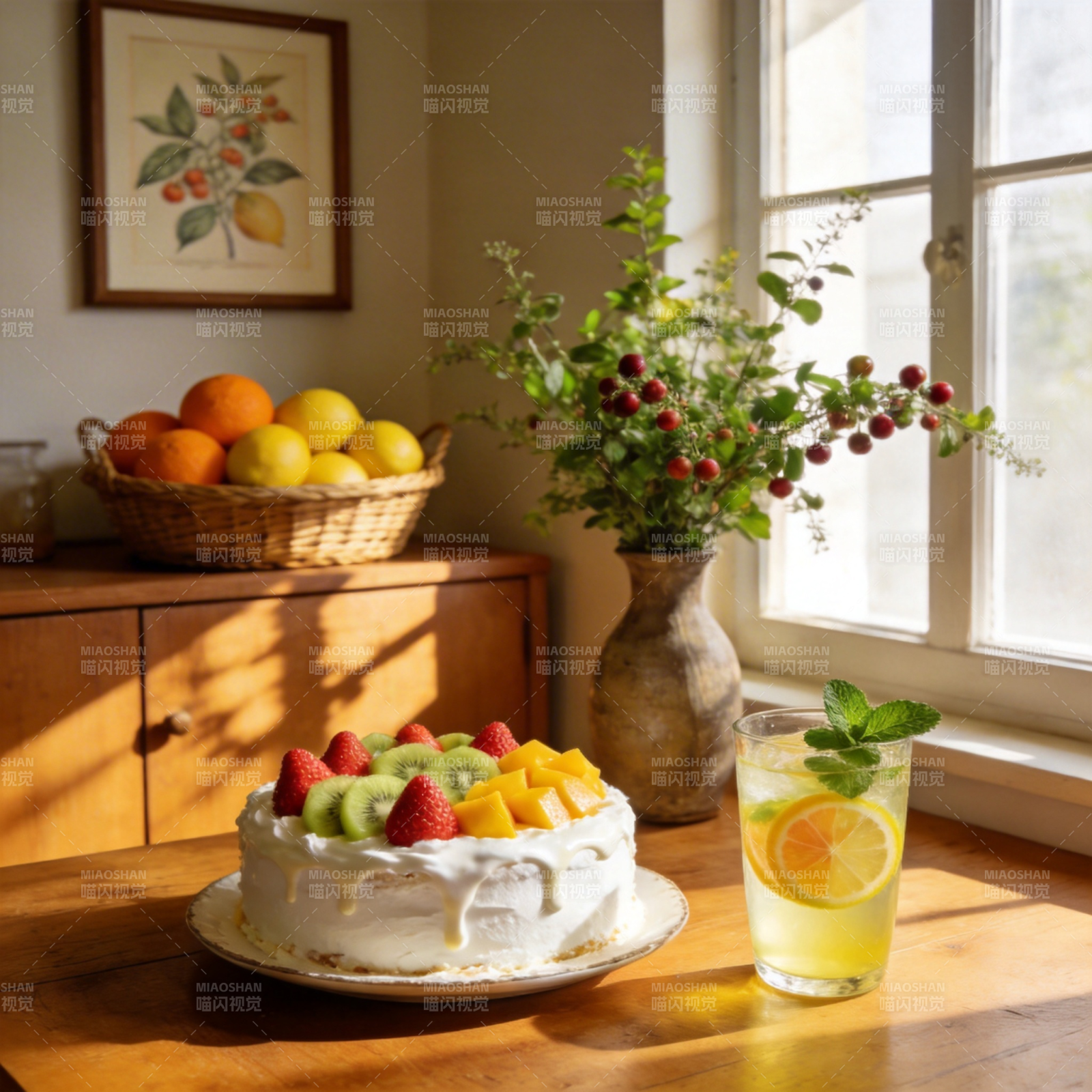 水果蛋糕与柠檬水图片